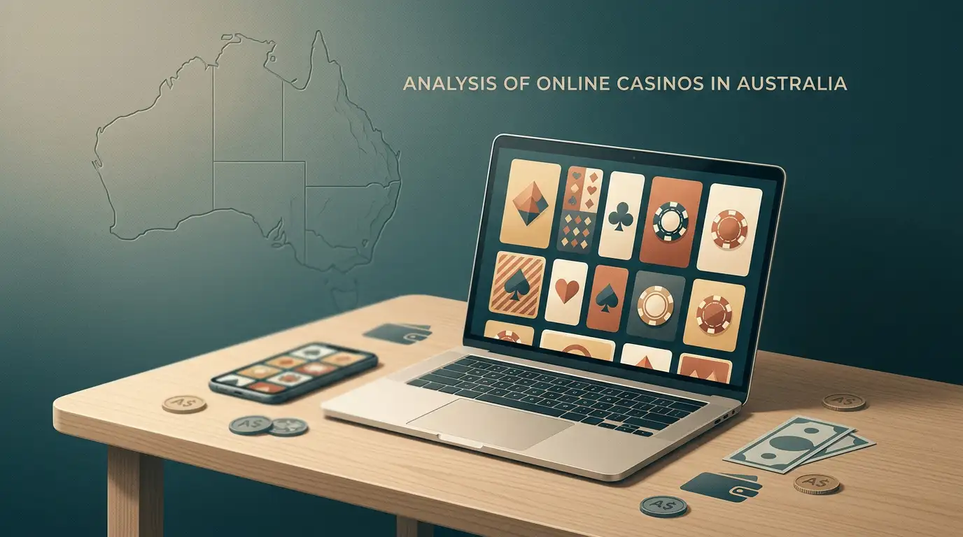 Editorial illustration of online casino play with Australian dollar and digital payment motifs