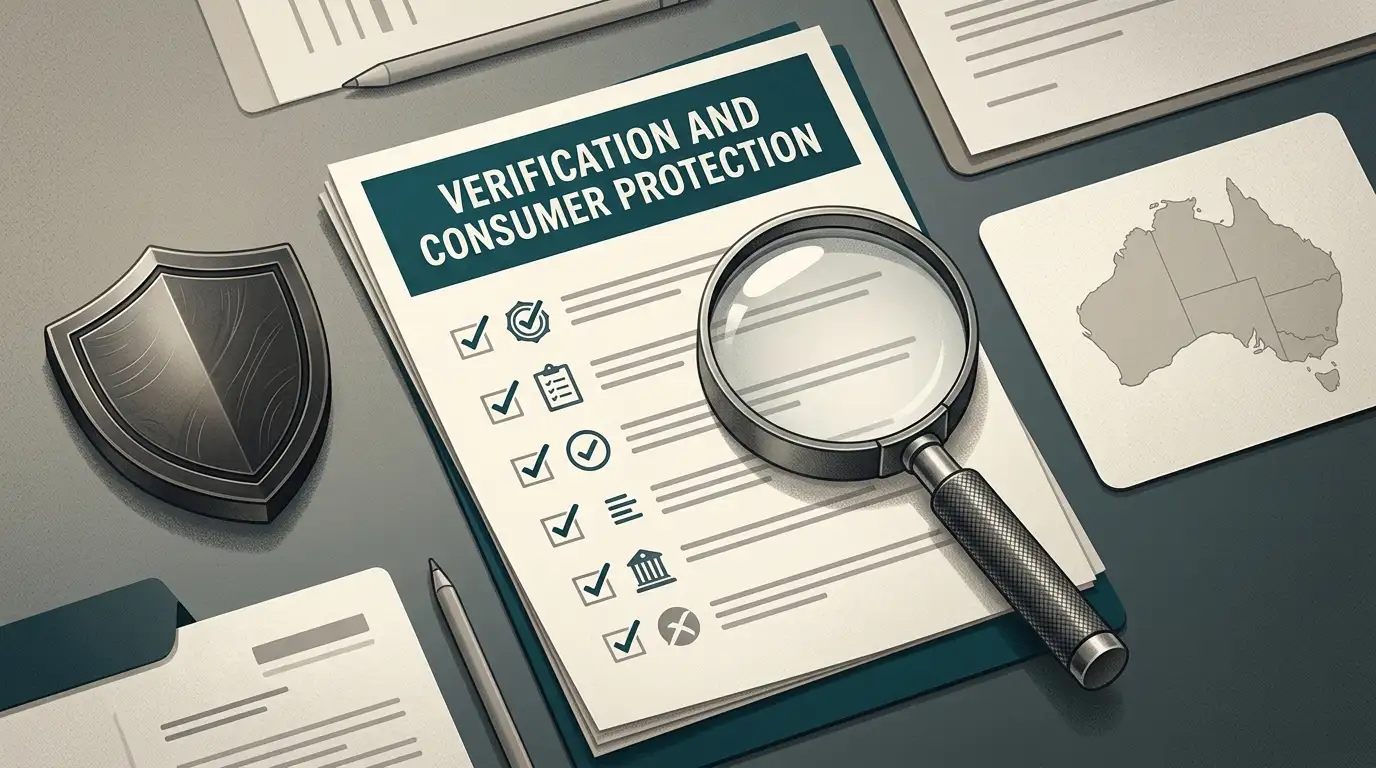 Editorial trust-check illustration with checklist shield and outline of Australia