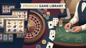 Editorial casino game-library collage showing generic pokies reels, roulette, playing cards and a live dealer table without brand logos