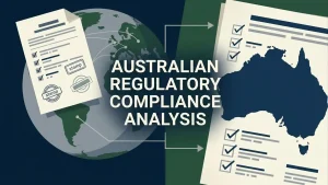 Editorial compliance illustration with a generic licence document, regulator checklist and outline map of Australia without logos or readable text