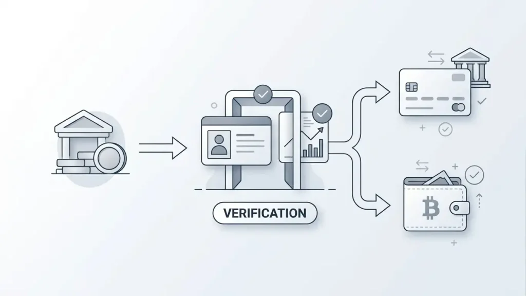 Editorial illustration of a casino withdrawal moving from account balance through verification to a bank card and cryptocurrency wallet