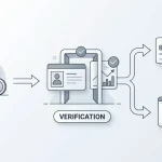 Editorial illustration of a casino withdrawal moving from account balance through verification to a bank card and cryptocurrency wallet