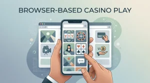 Editorial illustration of a smartphone displaying a neutral responsive casino layout with game tiles, payment symbols and a crypto wallet handoff