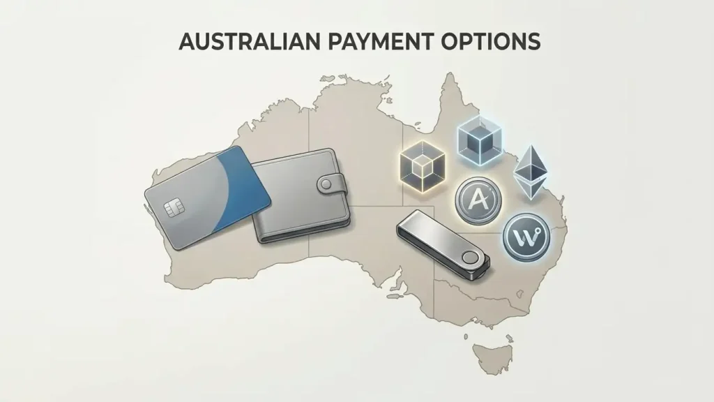 Editorial illustration of Australian payment choices with a debit card, digital wallet and cryptocurrency wallet