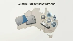 Editorial illustration of Australian payment choices with a debit card, digital wallet and cryptocurrency wallet