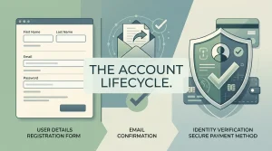 Neutral illustration of online account registration followed by identity verification with form fields and a shield icon