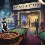 Stylised live dealer casino scene with roulette wheel, blackjack table and studio lighting without brand logos