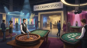 Stylised live dealer casino scene with roulette wheel, blackjack table and studio lighting without brand logos